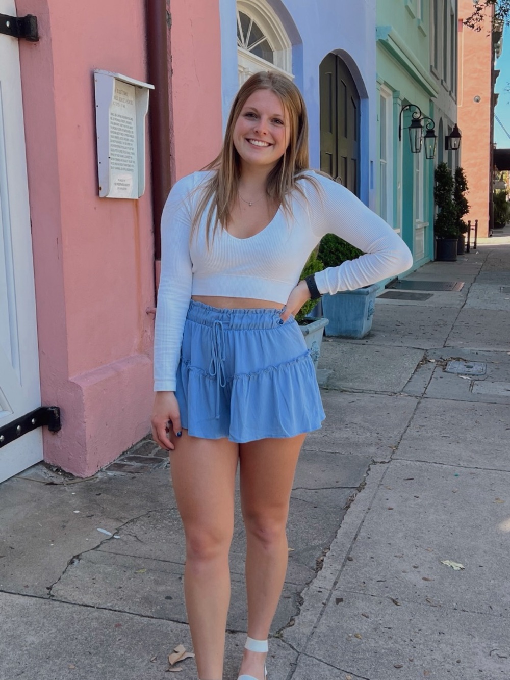 Altar'd State Light Blue Tiered Ruffle Shorts